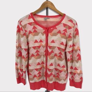 Halogen Cardigan Pink Coral Tan Geometric Print Button Cardigan